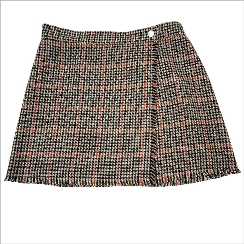 Urban Outfitters Brown Orange Plaid Fringe Wrap Skirt Size M Academia